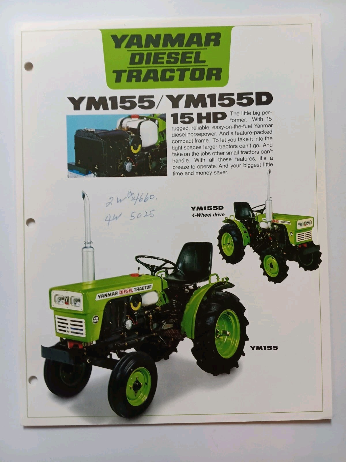 Yanmar YM155, YM 155D Diesel Tractor Spec Sales Sheet Flyer Farm Equipment Agri