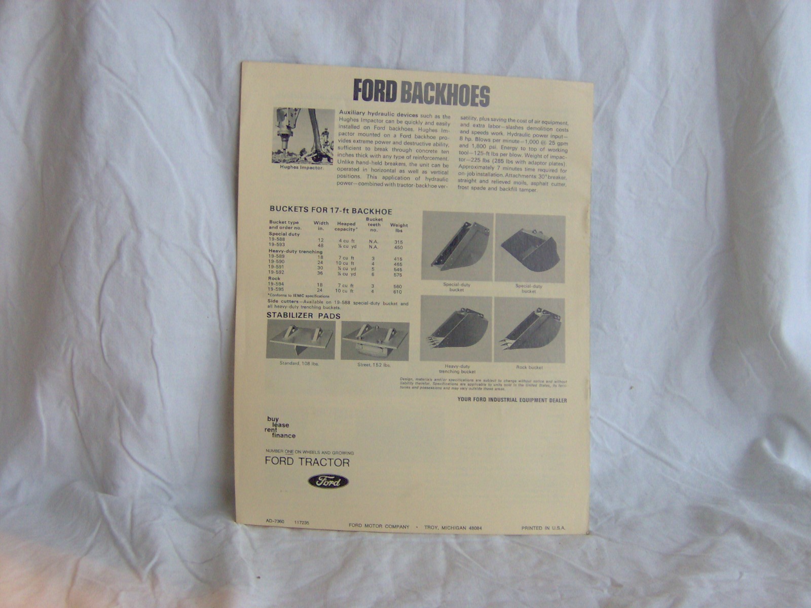 FORD MOTOR COMPANY BACKHOES SALES BROCHURE FLYER AD VERY DETAILED FARM TRACTOR