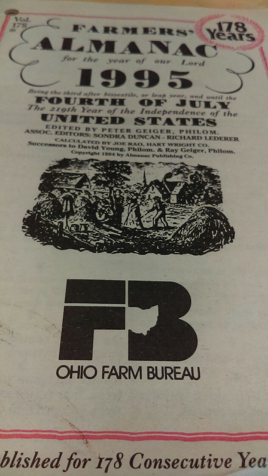 Vintage Collectible ALMANAC 1995 Vol. 178 Ohio Farm Bureau U.S.A. Pamphlet