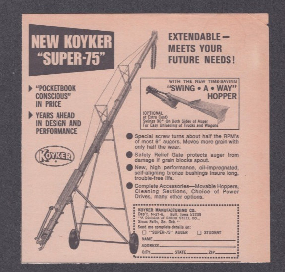 1972 Print Ad Koyker Mafg Sioux Falls SD Super-75 Auger Swing A Way Hopper