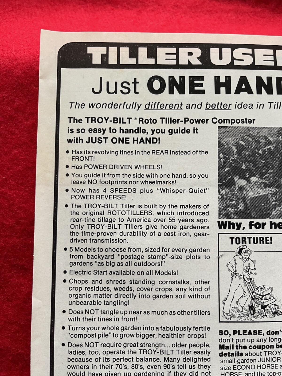 Vintage 1989 Troy Bilt Tiller Print Ad “use one hand”