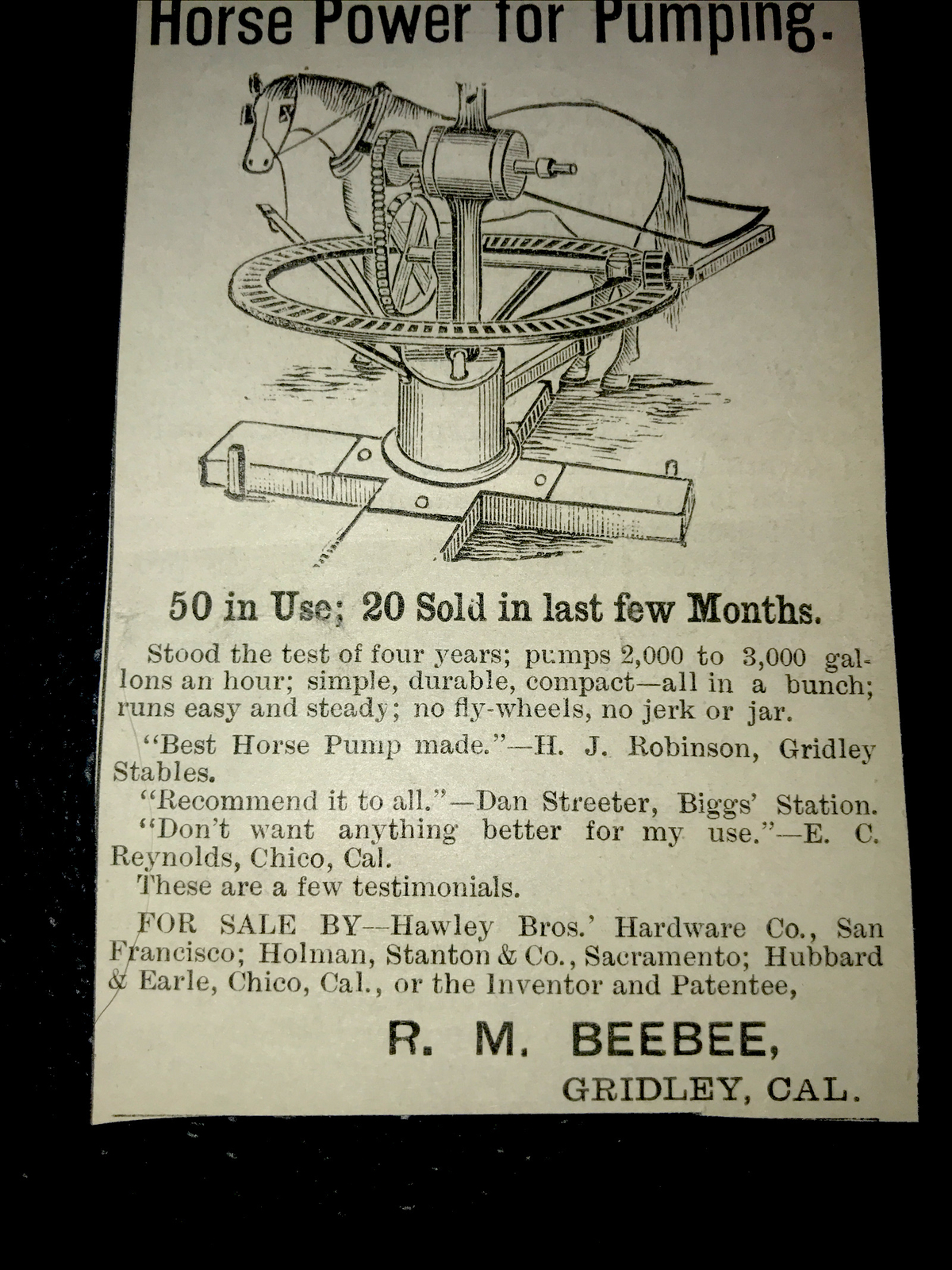 1883 Beebee’s Horse Power Pumping Farm Advertising – Gridley – California
