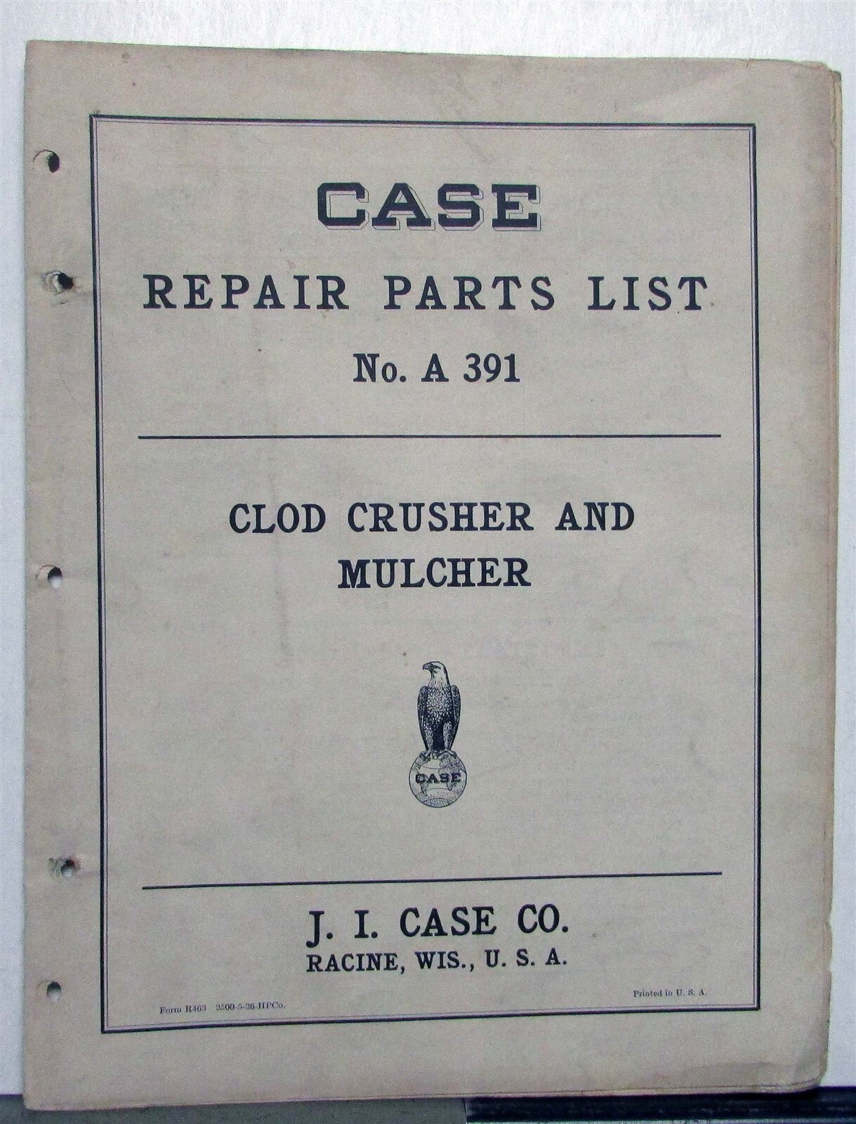 1936 Case Clod Crusher & Mulcher Specs Farming Construction Repair Parts List