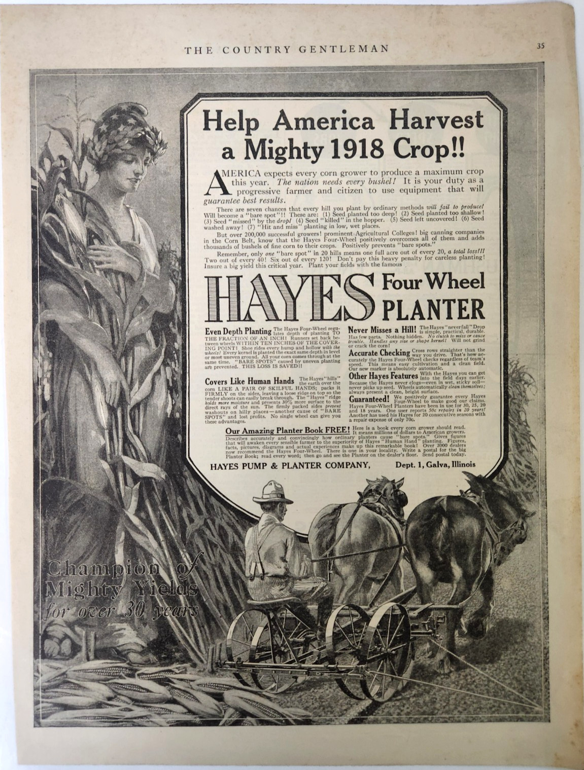 Farming Hayes Four Wheel Planter Galva Illinois Antique 1918 Magazine Print Ad