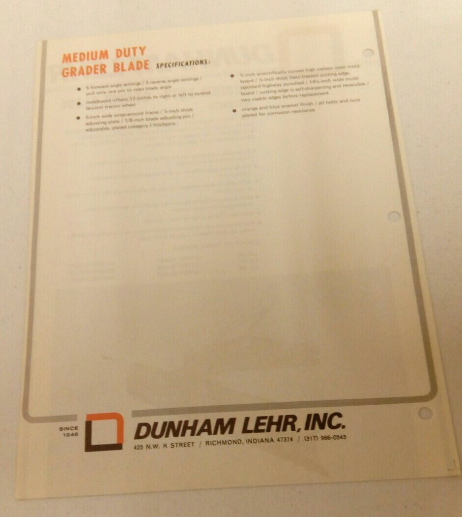 VINTAGE 1974 DUNHAM LEHR MEDIUM DUTY GRADER BLADE FARM TRACTOR SALES BROCHURE