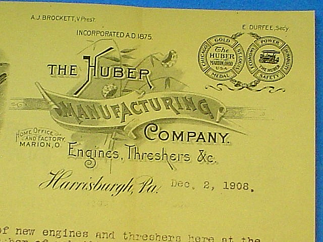 ANTIQUE 1908 HUBER MFG CO. TRACTORS THRESHERS LETTERHEAD LETTER W/COVER & REPLY