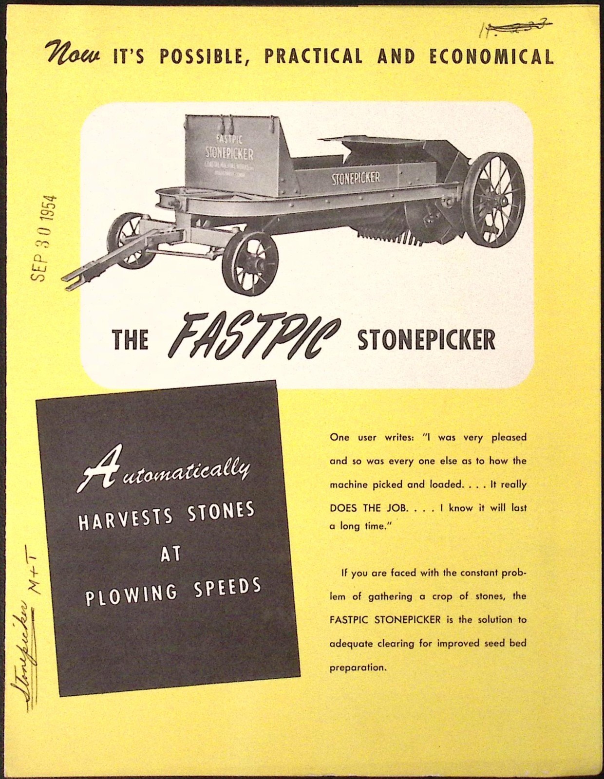 1954 Fastpic Stone Picker Brochure Coastal Machine Works Bridgeport CT