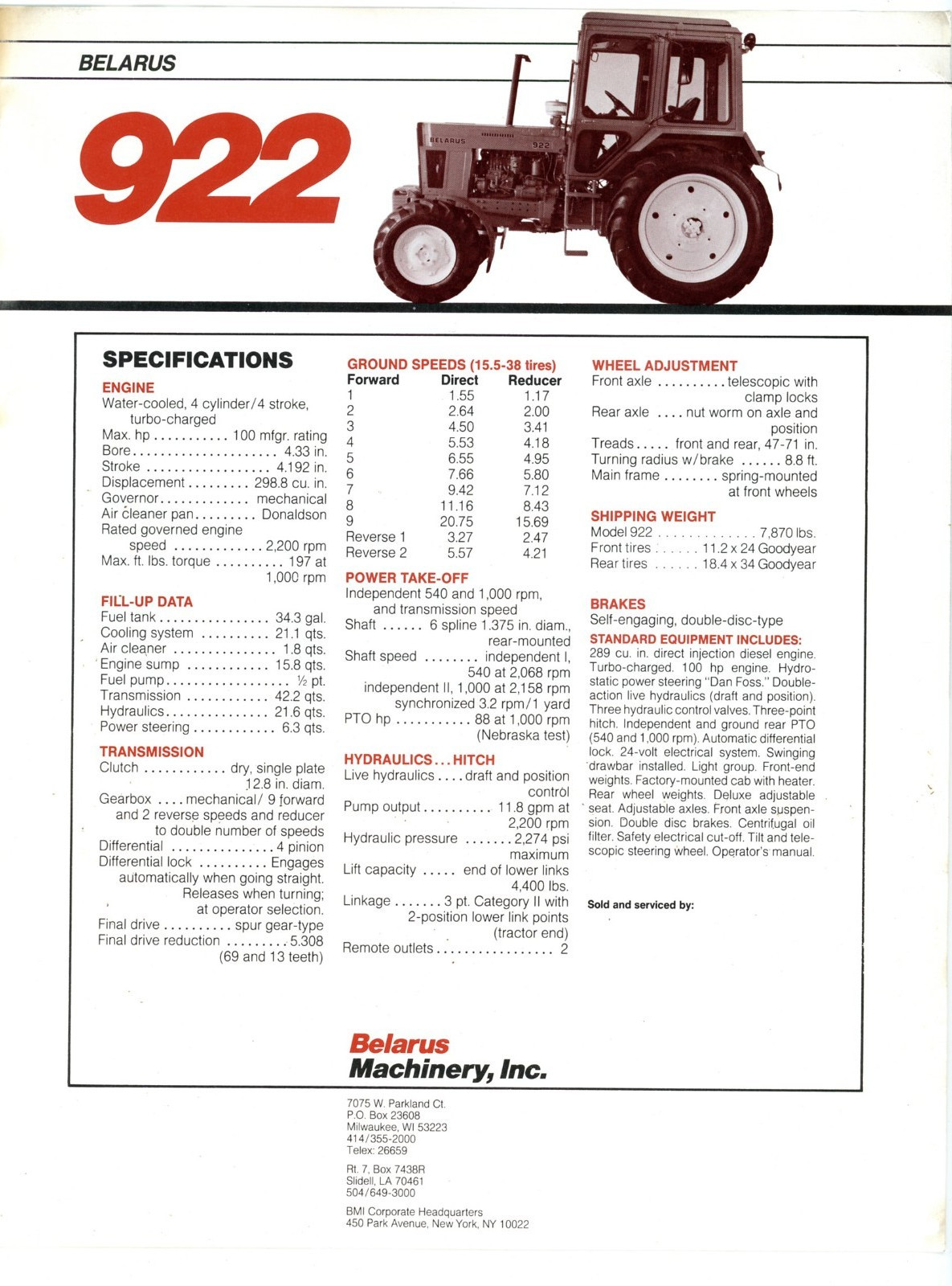 Belarus 922 Tractor sales flyer Belarus Machinery Inc