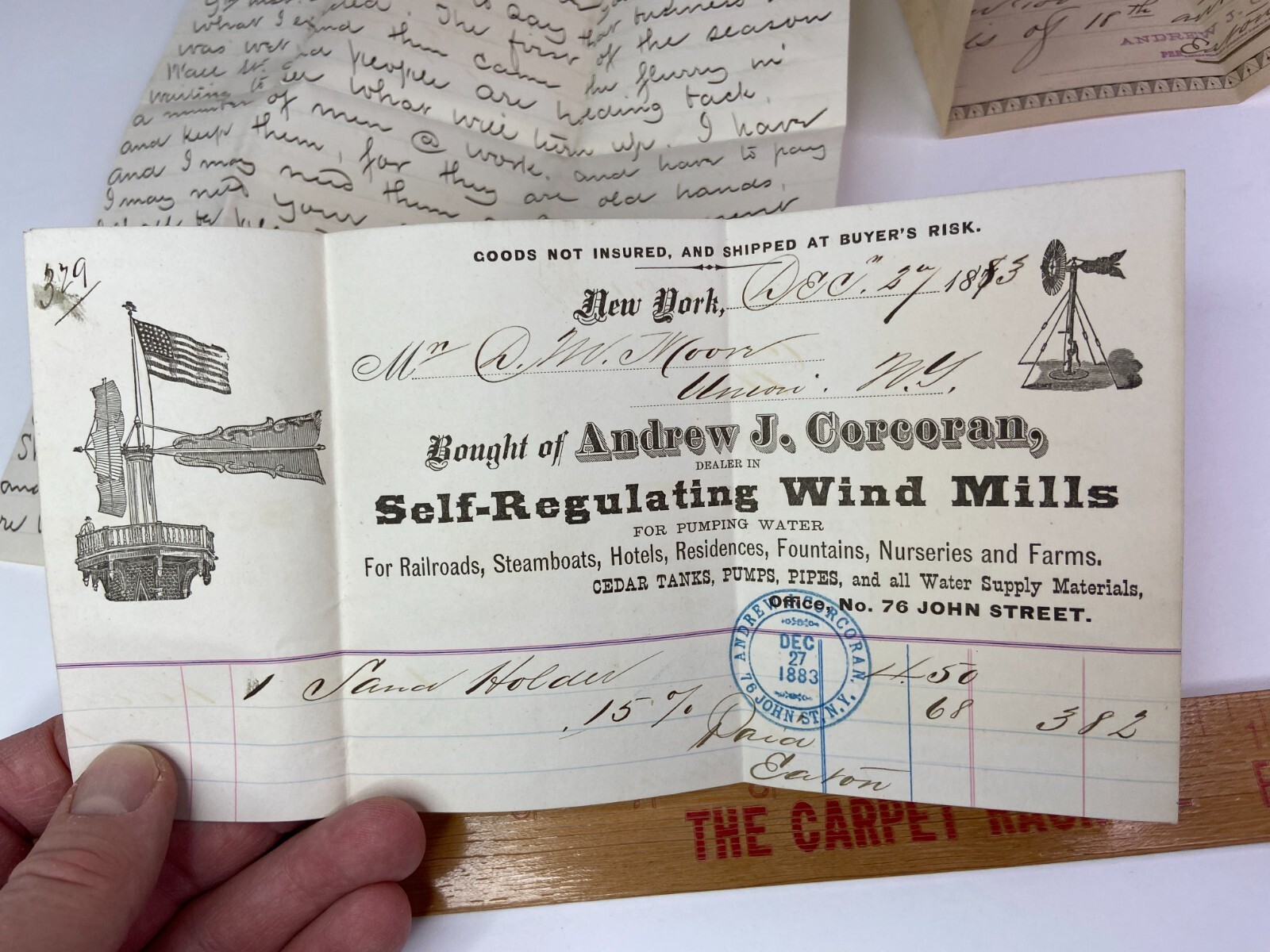 RARE ARCHIVE Letters EPHEMERA Billheads etc – Andrew Corcoran Wind Mills NY 1883