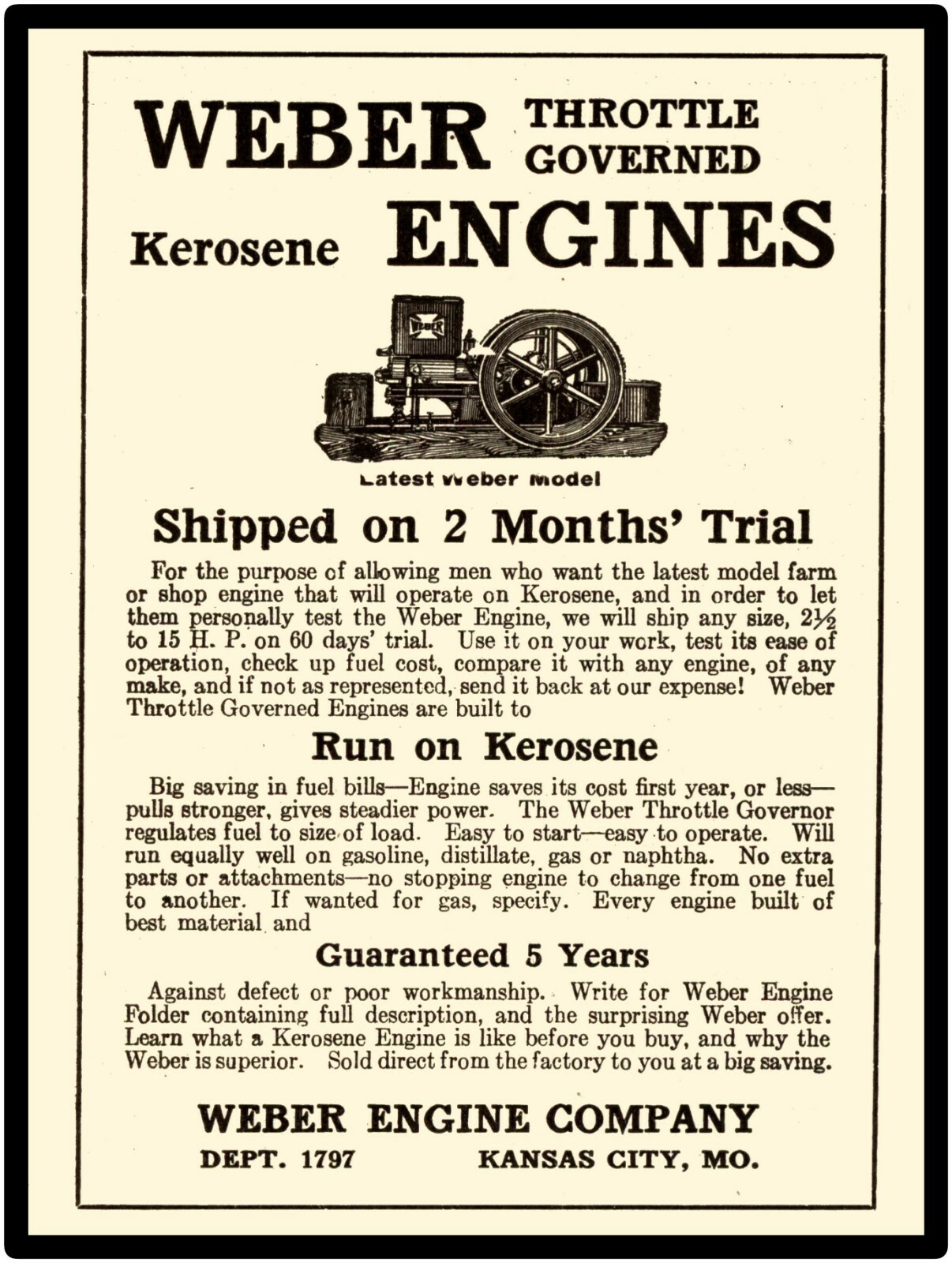 Weber Engine Co. New Metal Sign: Water Governed Kerosene Engines Kansas City MO