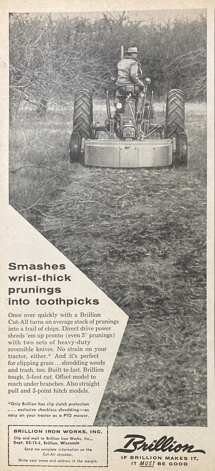 1958 AD.(XF23)~BRILLION IRON WORKS, INC. BRILLION, WIS. CUT ALL ORCHARD MOWER
