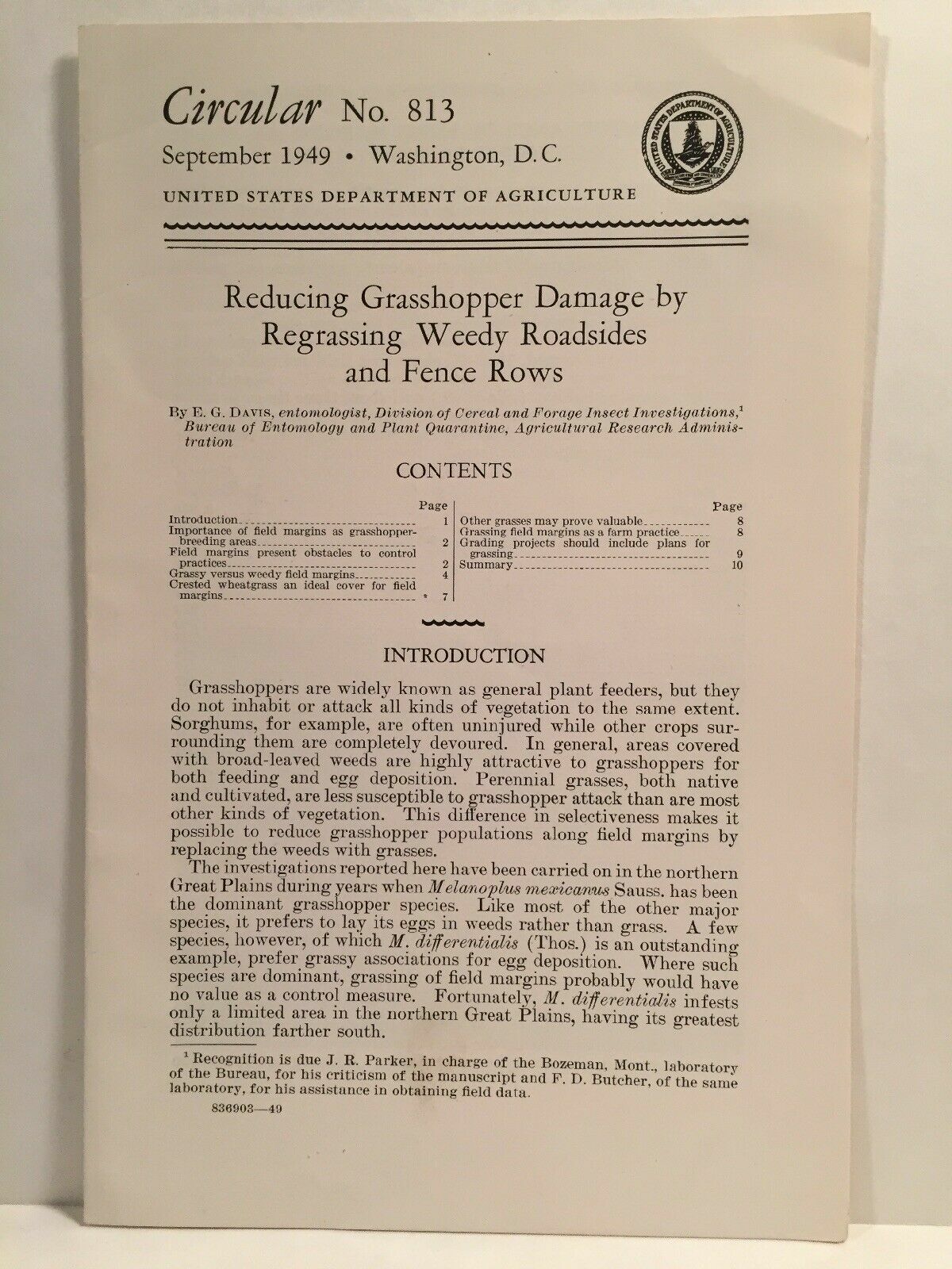 1949 USDA Farmers&rsquo; Bulletin No. 813 Reducing Grasshopper Damage Regrassing . . .