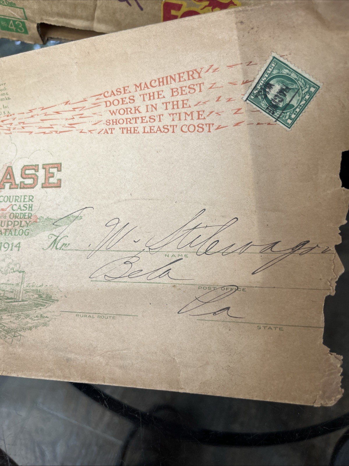 Antique 1914 Case Steam Tractor Engine Envelope, Bela Pa. Clarion Co., Eagle
