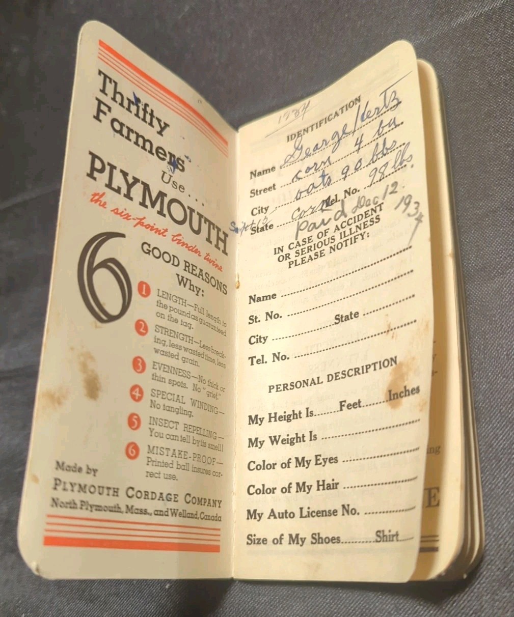 1934-35 Plymouth Binder Twine Advertising Calender Notebook farmer notes