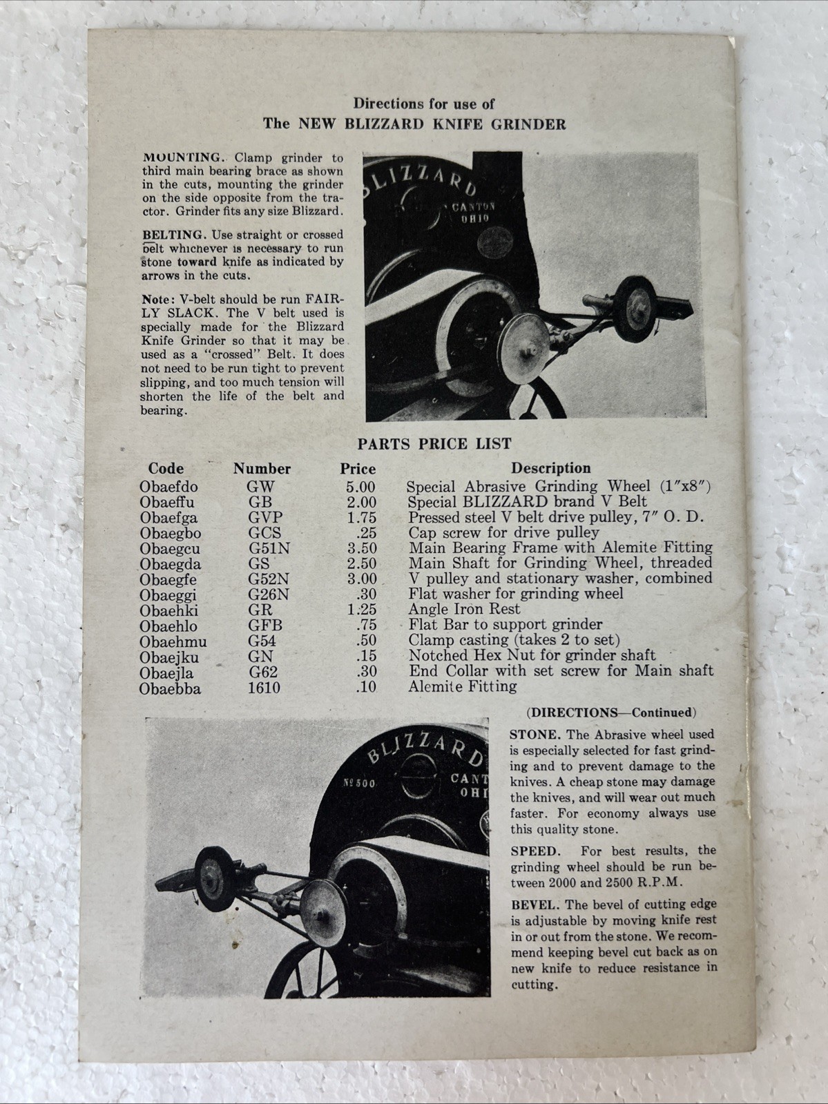 No. 48 Blizzard Manufacturing Hay Choppers Parts Price List & Instruction Book