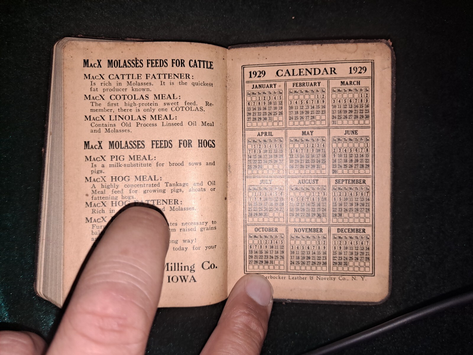 Mack Quality Feeds Notebook Pocket Ledger 1928 / 1929 Hog Cattle Pigs Clinton Ia