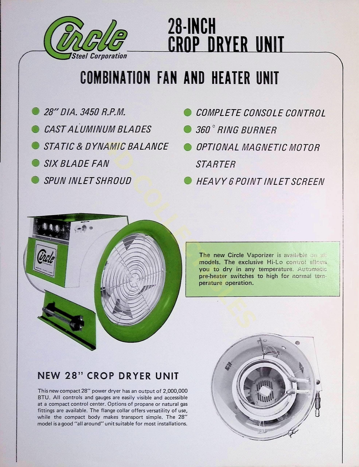 Vintage Farm Brochure Spec Sheet 28 inch crop dryer unit combination fan heater