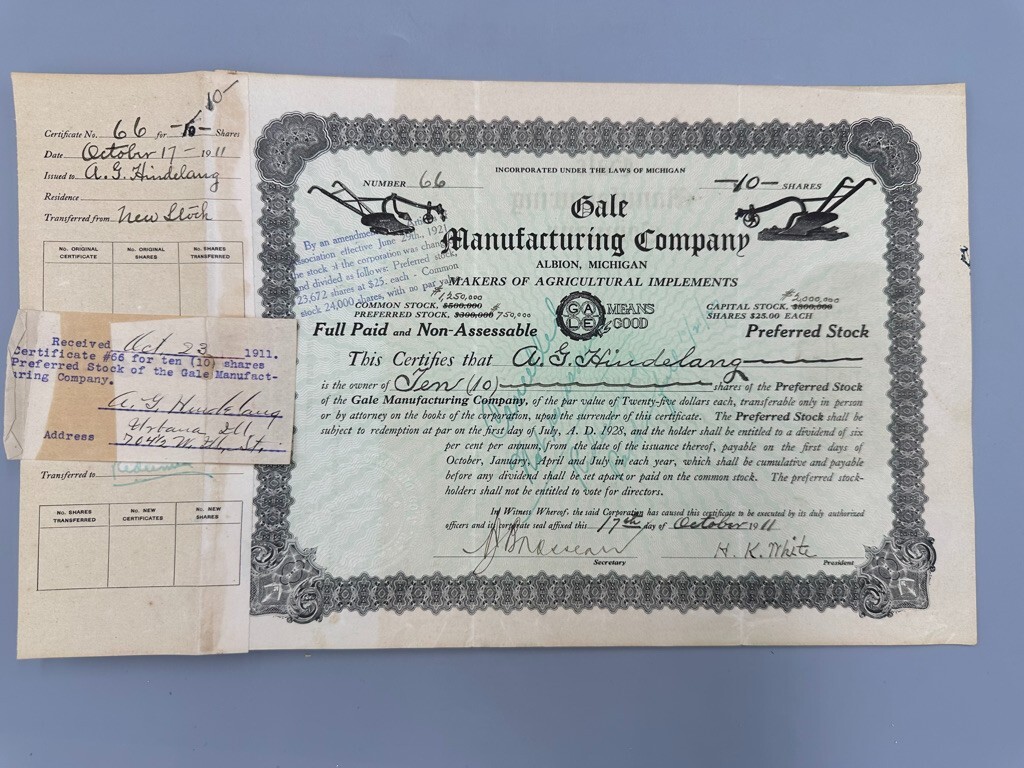 1911 GALE Mfg Co CHILLED PLOW Farm STOCK CERTIFICATE Advertising ALBION MICHIGAN