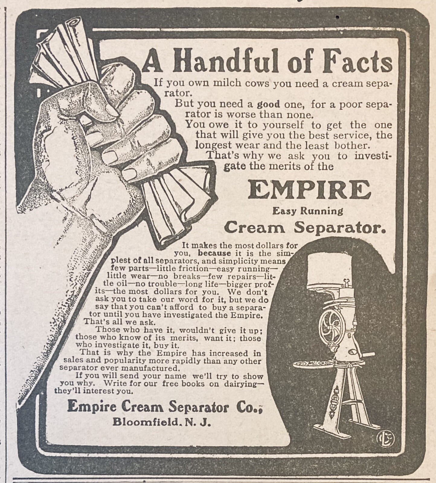 1905 AD(XH35)~EMPIRE CREAM SEPARATOR CO. BLOOMFIELD, NJ. EASY RUNNING SEPARATOR