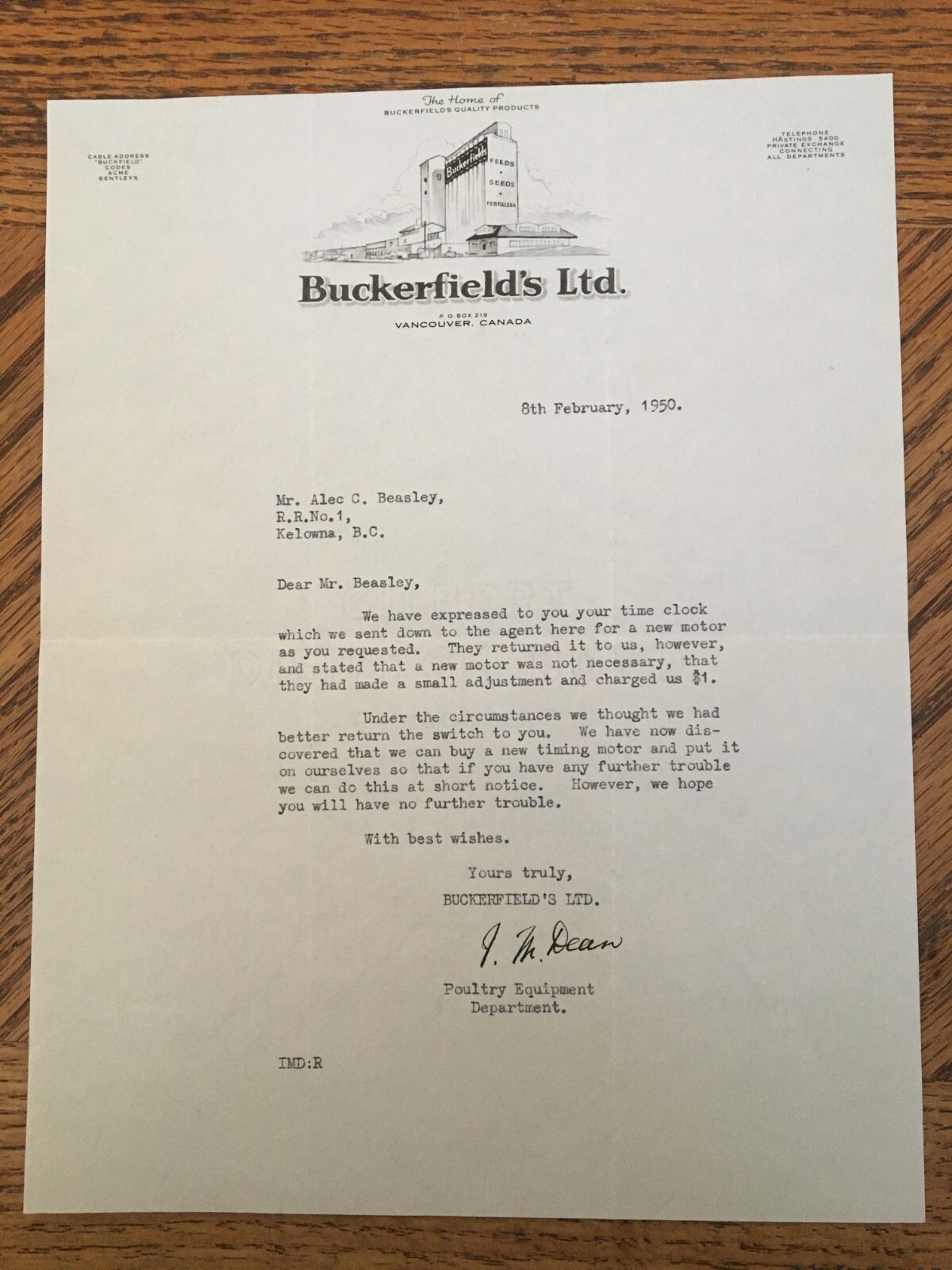 Buckerfields Ltd Farm Tool Machinery Letter Receipt 1950 Kelowna BC Cattle Ranch