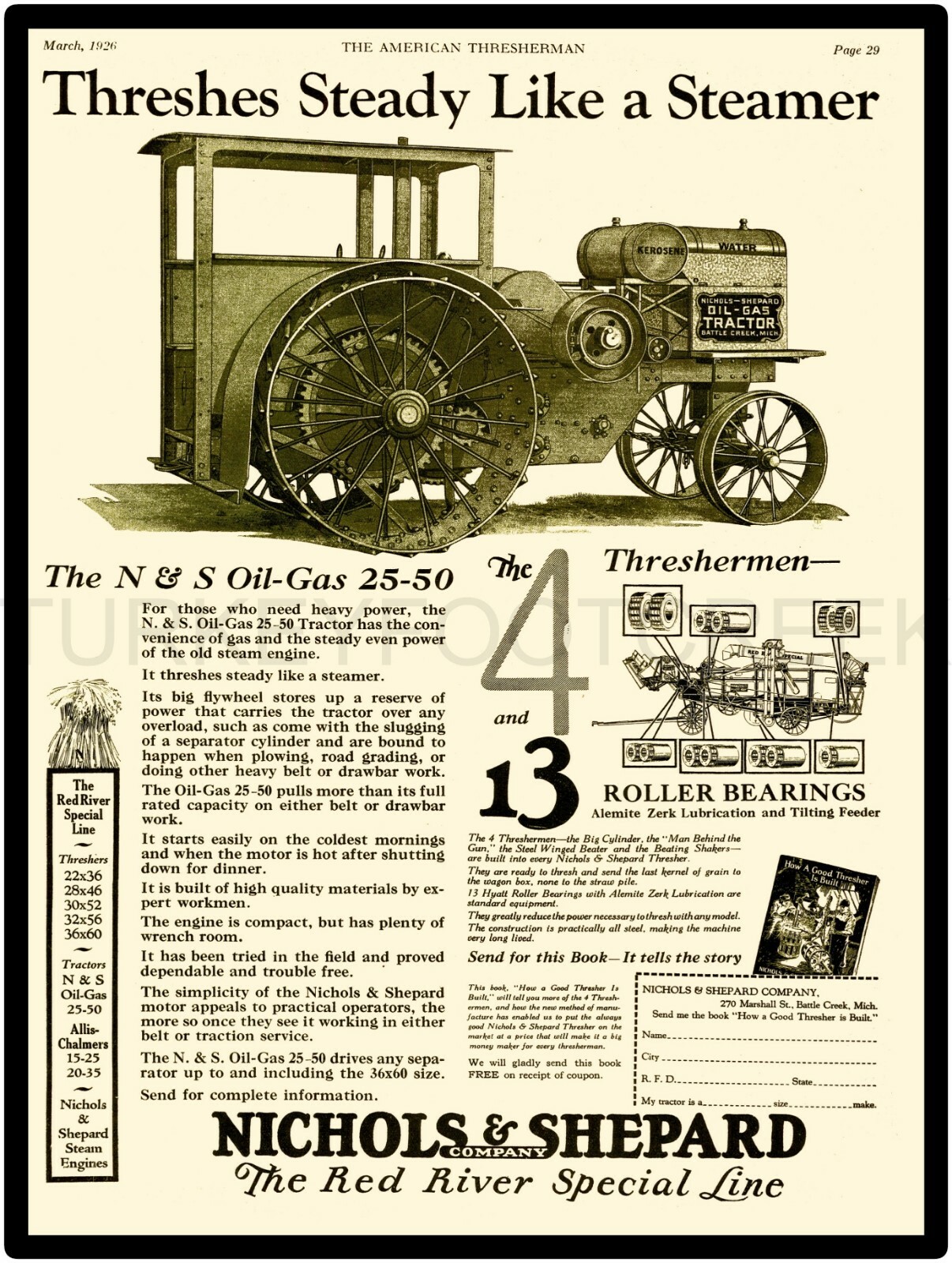 1926 Nichols & Shepard 25-50 Ad 9&Prime; x 12&Prime; Metal Sign