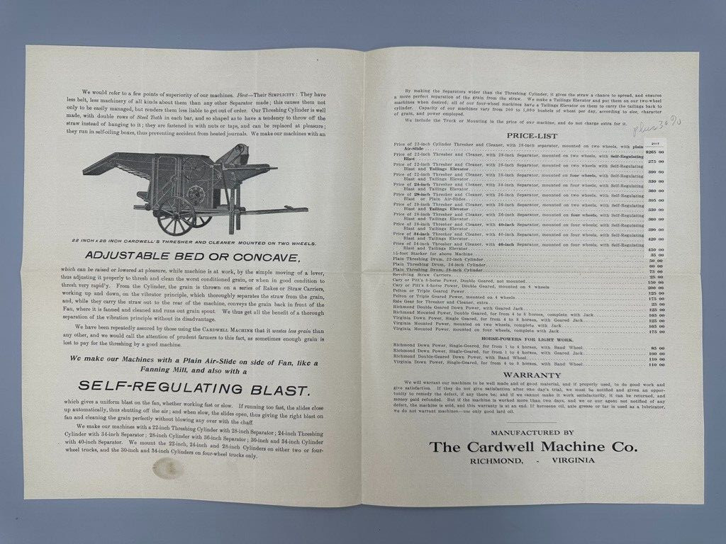 1890s CARDWELL THRESHER Farm Machine Advertising RICHMOND VIRGINIA Antique