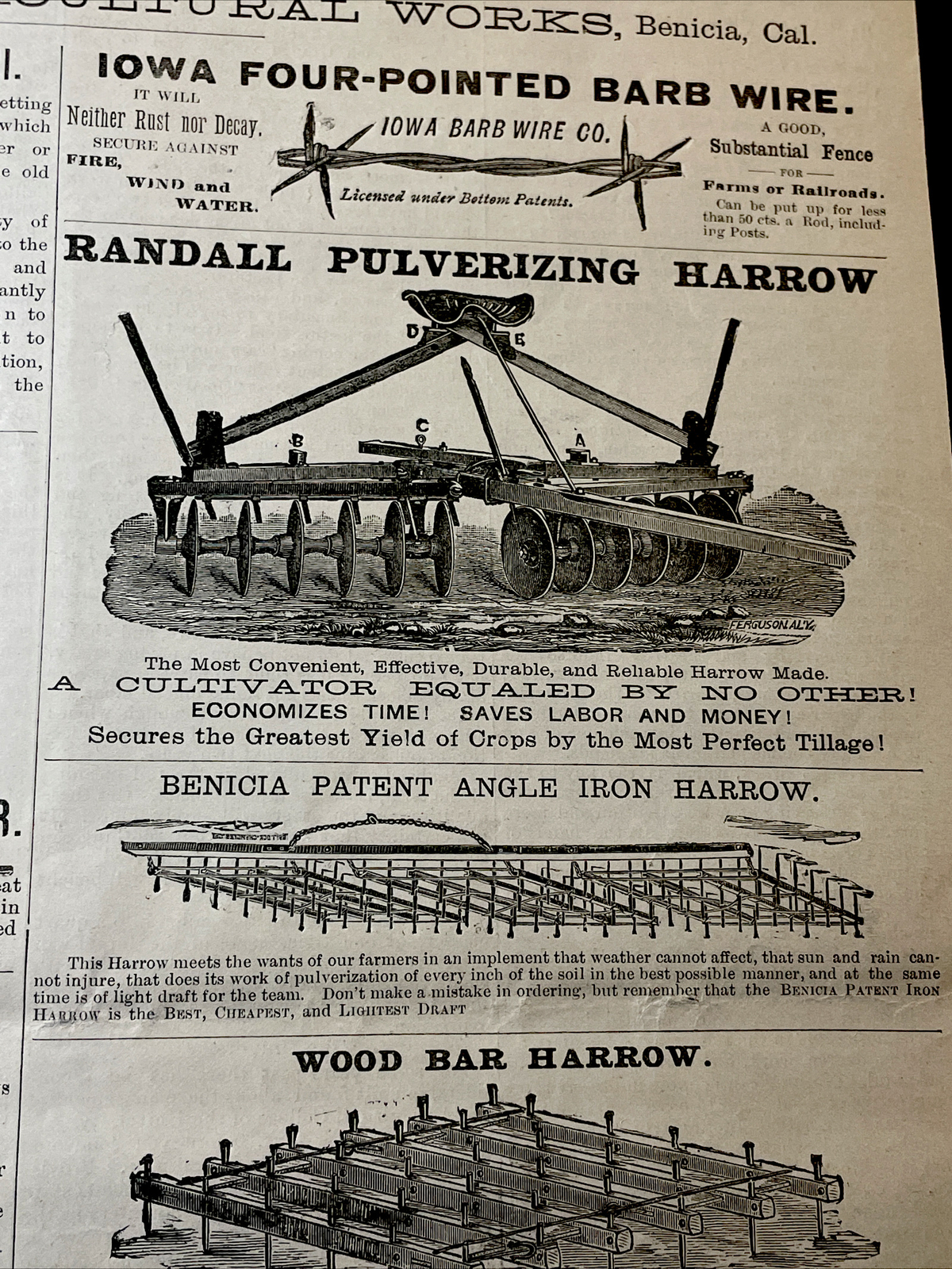 1883 Farm Advertising Engravings – Iowa Barb Wire – Randall Harrow – California