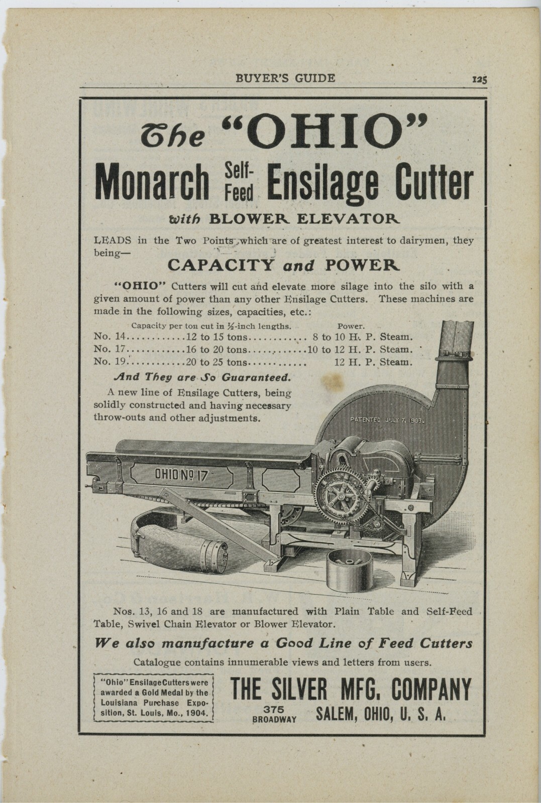 1905 Silver Mfg. Co. Ad: Ohio No.17 Monarch Ensilage Cutter – Salem, OhiO