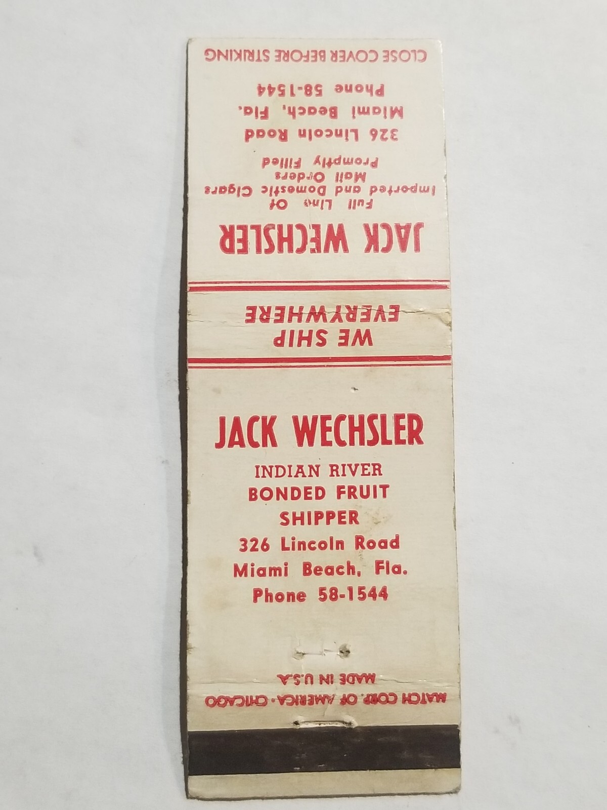Match Corp Chicago Jack Wechsler Miami Beach FL Fruit Shipper Matchbook MB10