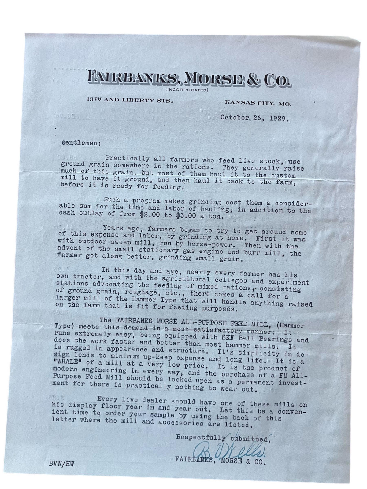 October 26, 1929 Fairbanks Morse Letter Hammer Mill Price List Great Depression