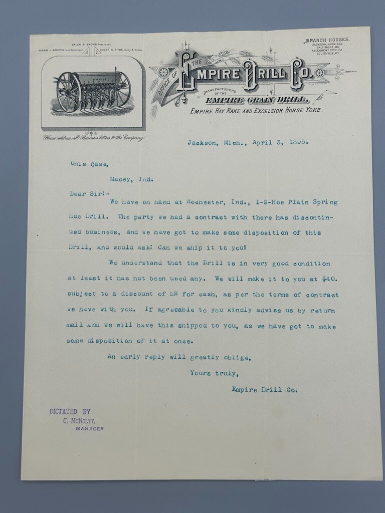 1895 EMPIRE GRAIN DRILL Farm Advertising Illustrated Letterhead Antique