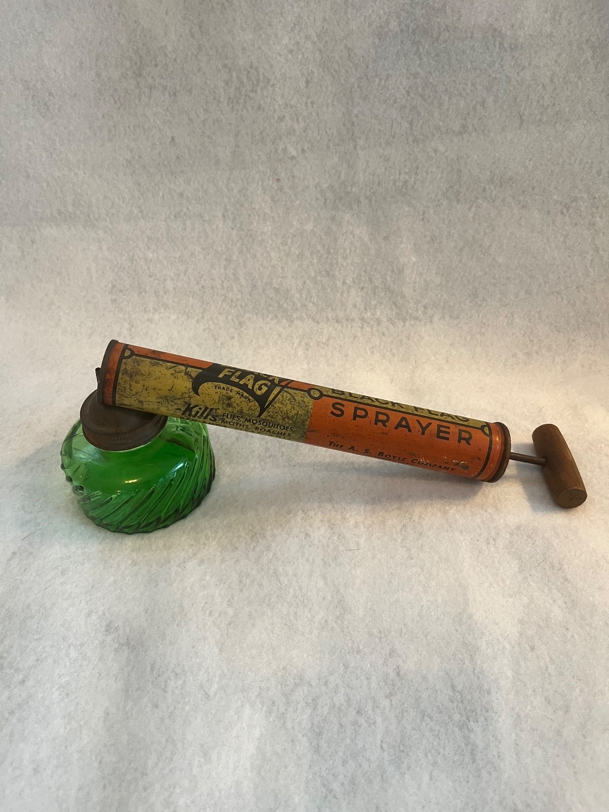 Vintage Black Flag Pump Sprayer With Green Glass Bowl