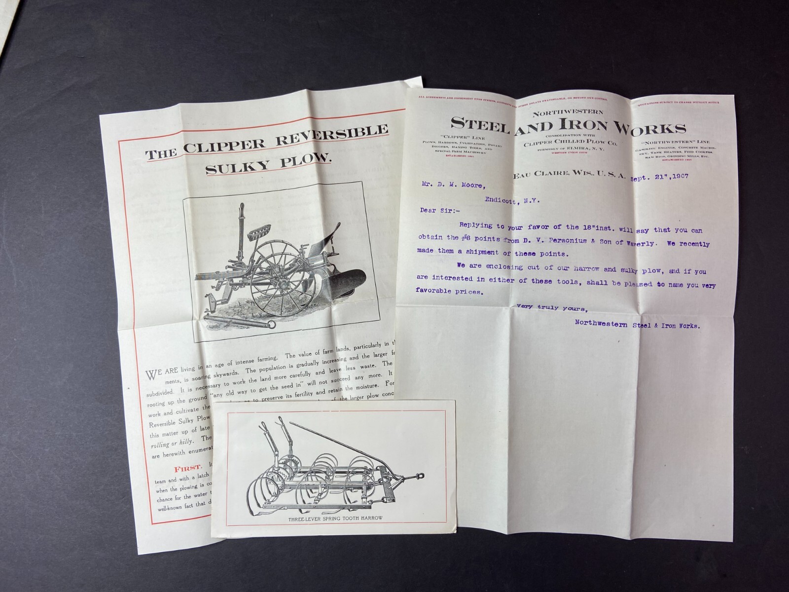 Clipper Sulky Plow 1907 Northwest Steel Eau Claire – Advertising Flyers & Letter