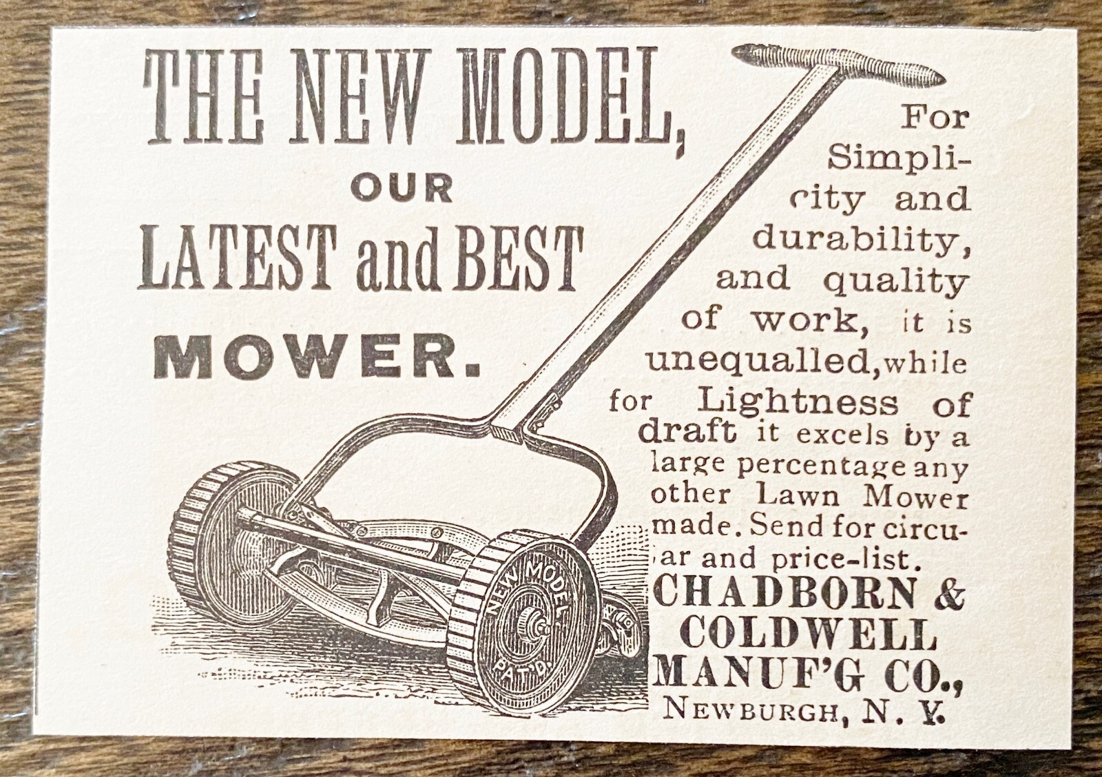 1888 Vtg Print Ad~Antique Old Hand Push LAWN MOWER Chadborn&Coldwell,Newburgh NY