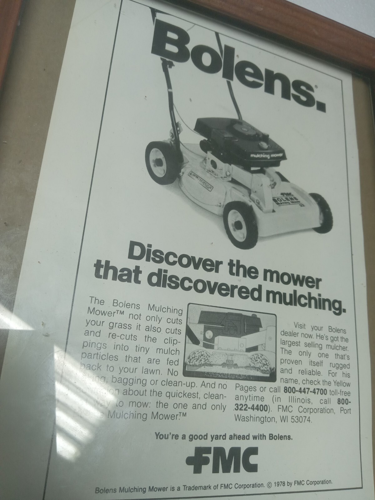 Bolens Mulching Lawn Mower Print Ad 1970s In Vntge 8×10&Prime; Frame A Good Yard Ahead
