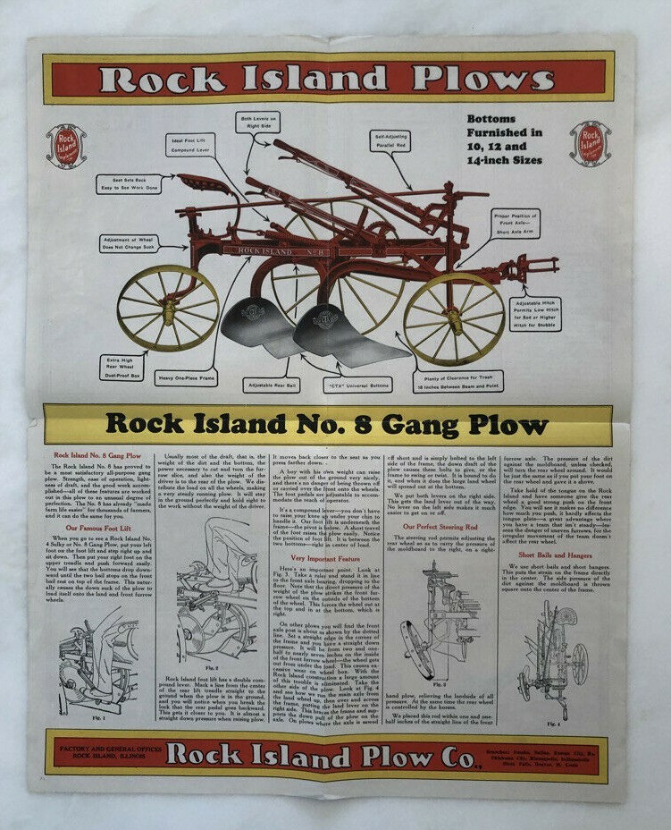 1928 ROCK ISLAND PLOWS Gang Sulky FARM ADVERTISING Antique Brochure POSTER