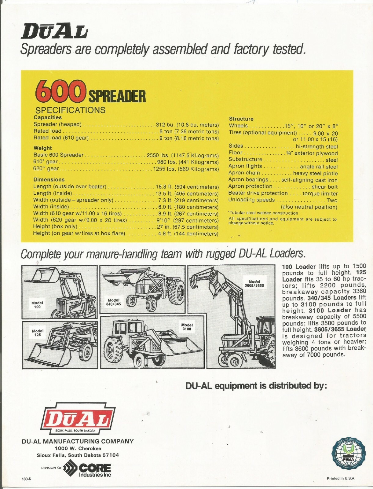 Original OE OEM DuAl Model 600 Spreader Dealer Sales Brochure Form Number 180-S