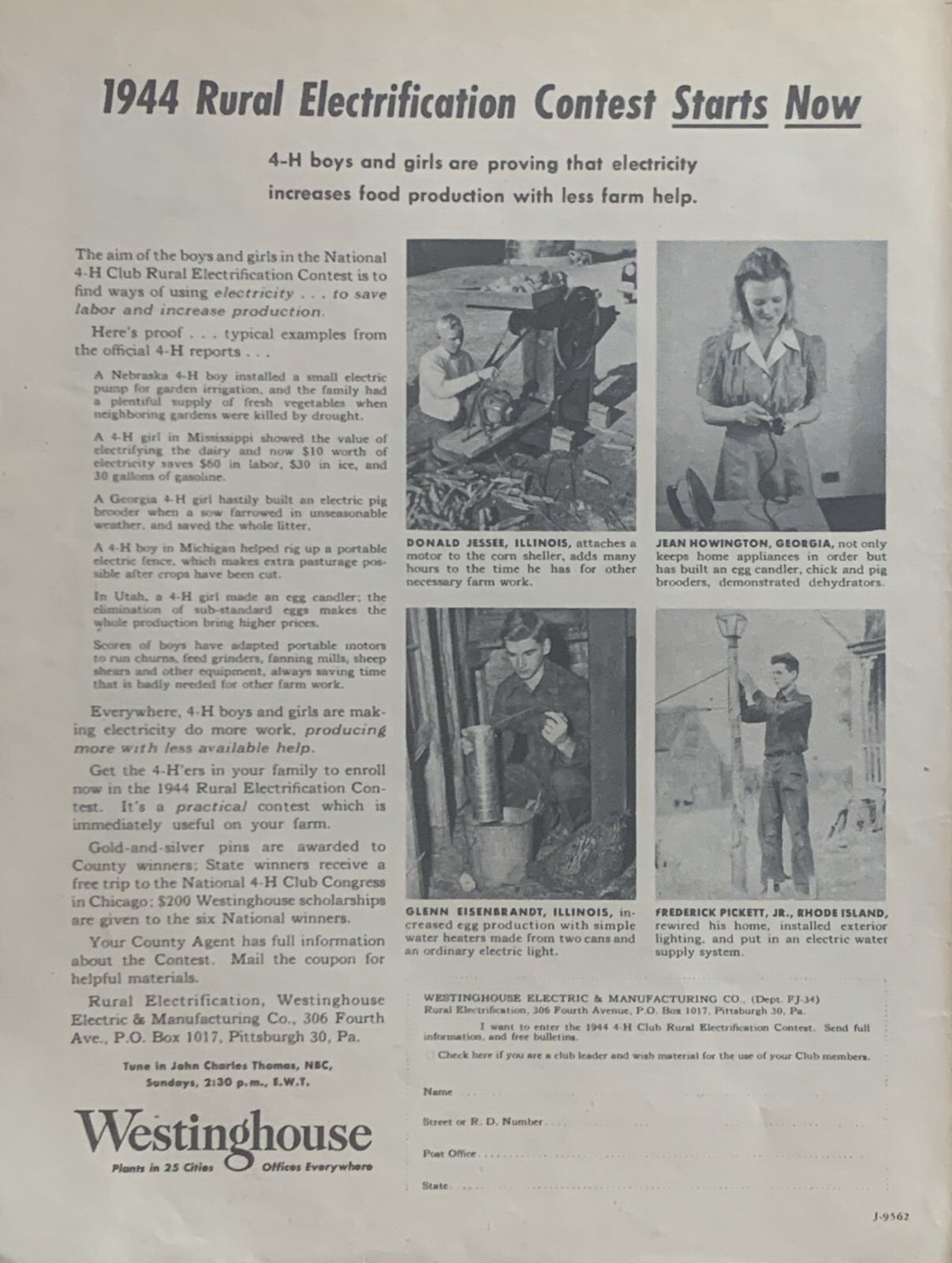 1944 Westinghouse Rural Electrification Contest PRINT AD 4-H Food Farm VTG 1940s