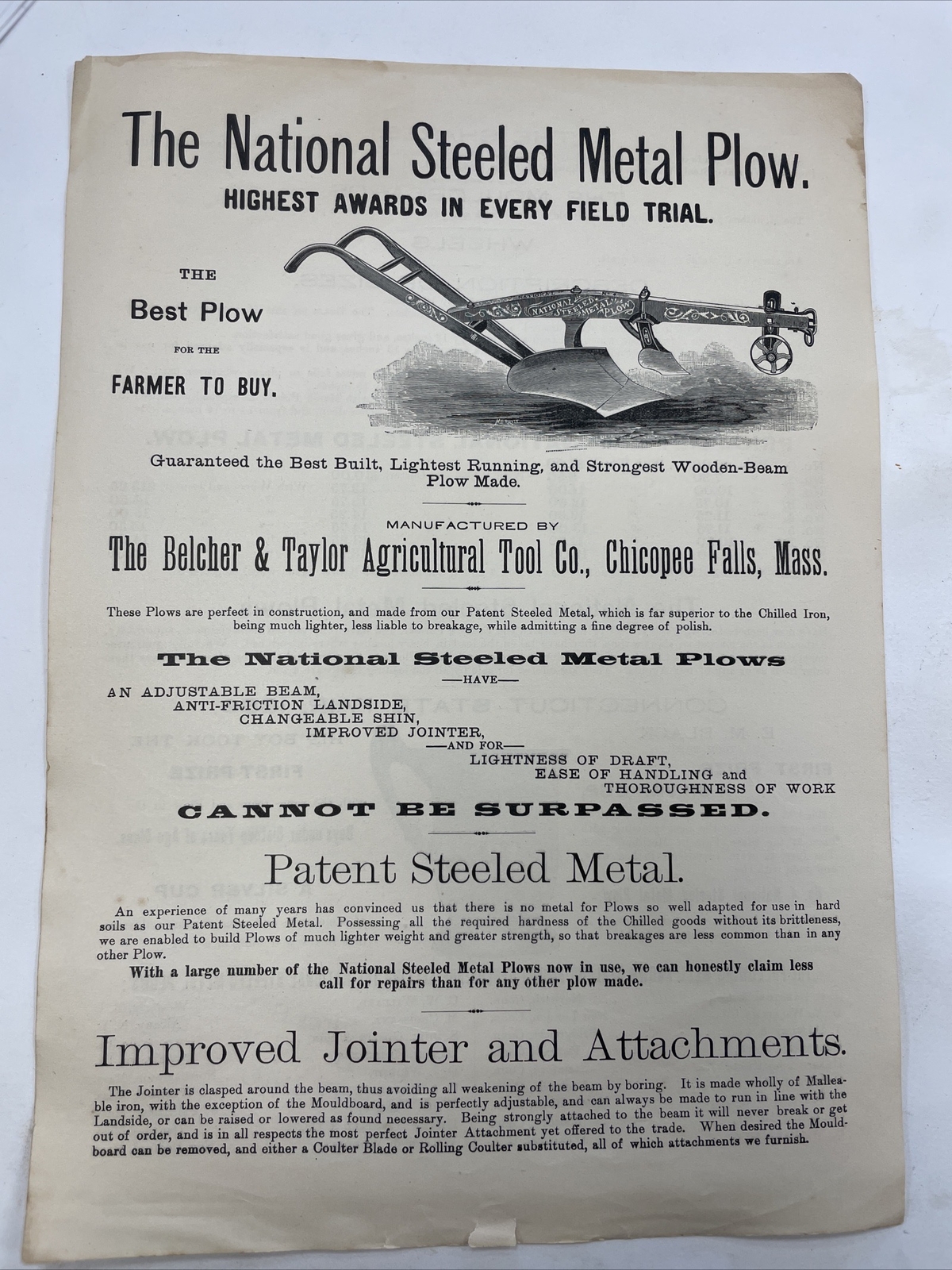 VINTAGE 1889 NATIONAL STEELED METAL PLOW ADVERTISEMENT