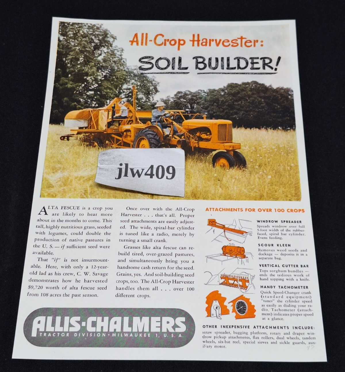 1947 ALLIS CHALMERS TRACTOR Original Print Ad Magazine Ad 8.5&Prime;X12&Prime;