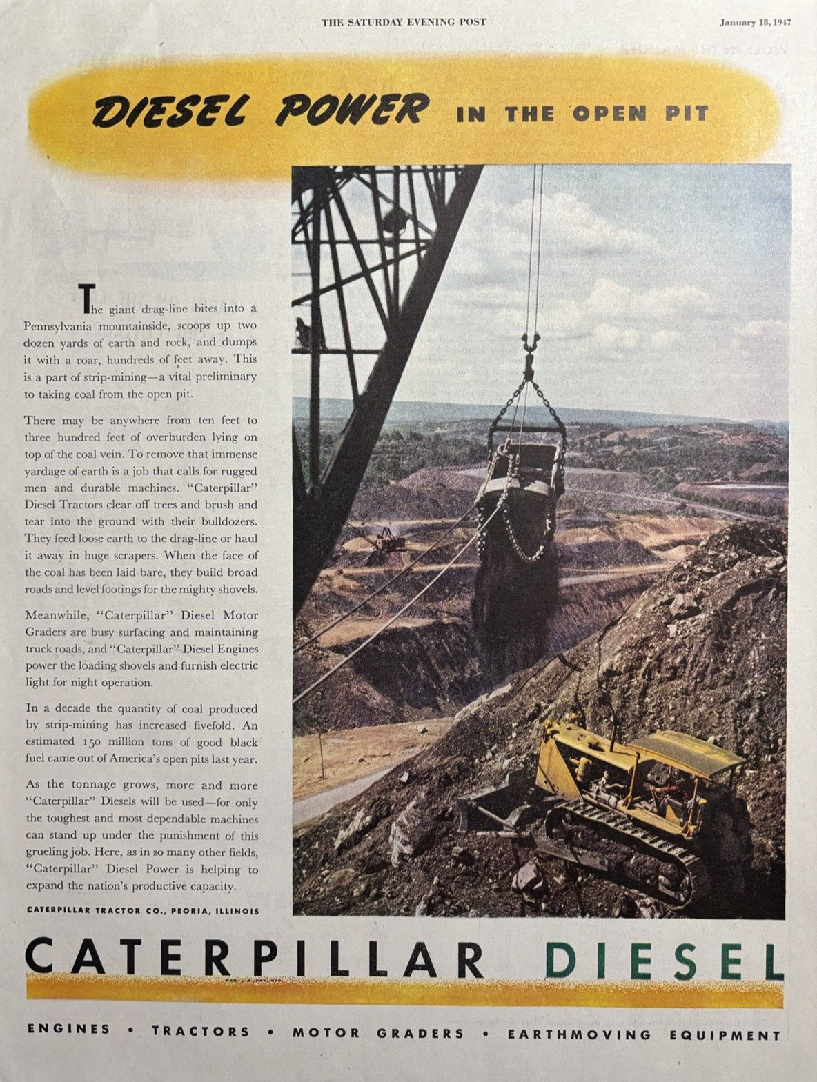 1947 Caterpillar diesel Engines Tractors Open Pit Drag Line Peoria VTG Print Ad