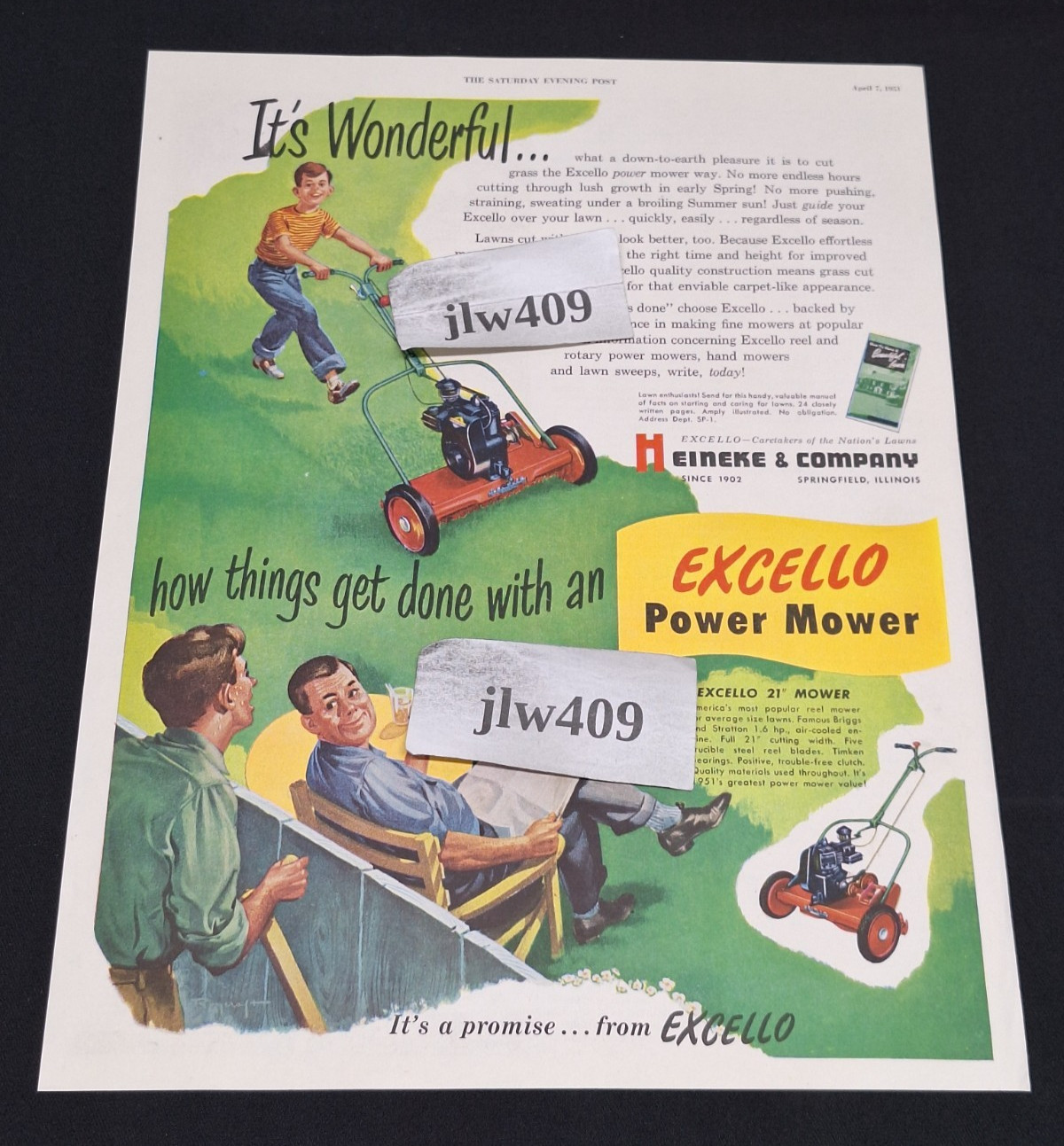 1951 EXCELLO LAWN MOWER Original Print Ad Magazine Heineke & Company 10&Prime;x13&Prime;