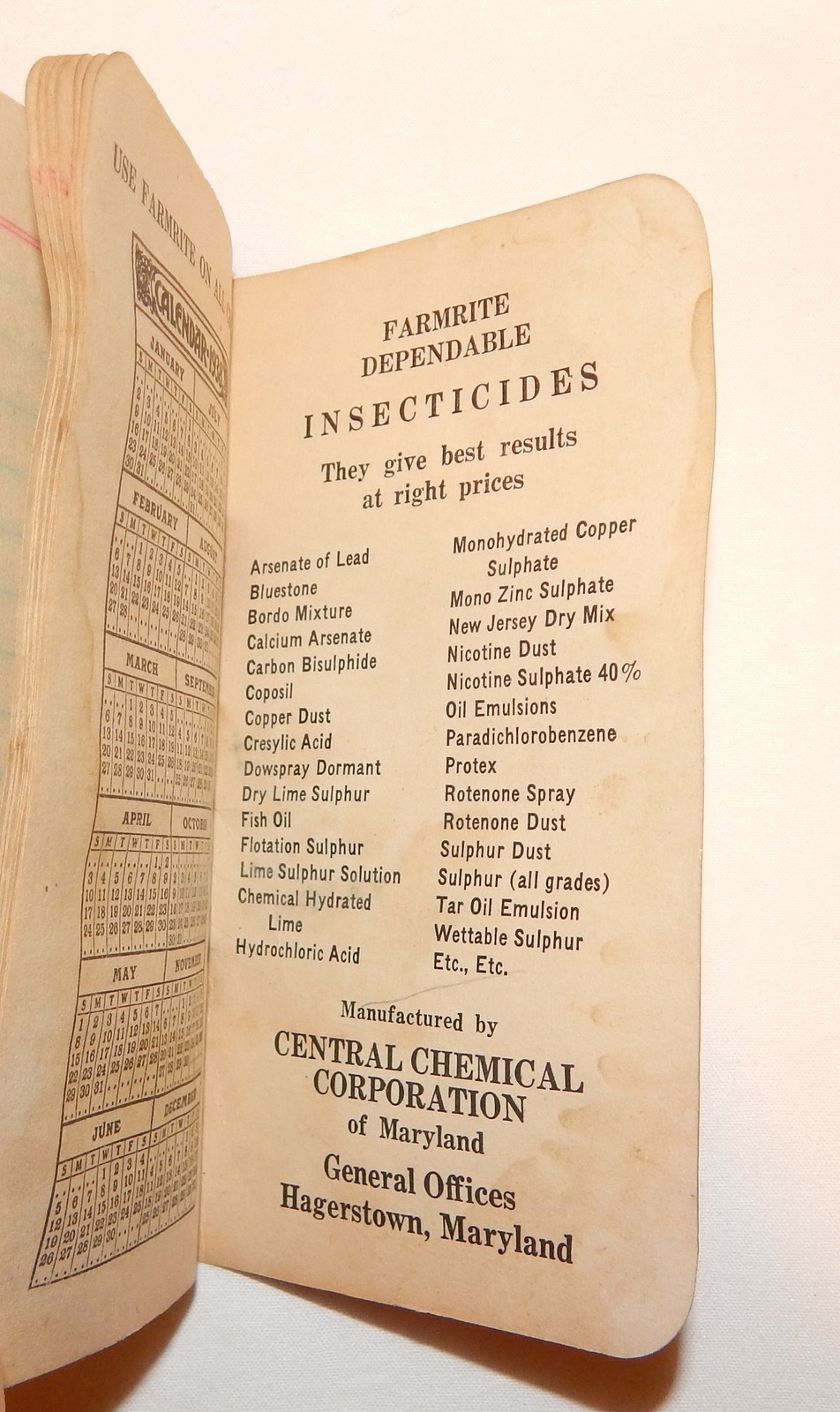 1938 FARMRITE BOOK*ANTIQUE FARM COUNTRY AD*MD MARYLAND CENTRAL CHEMICAL*CALENDAR