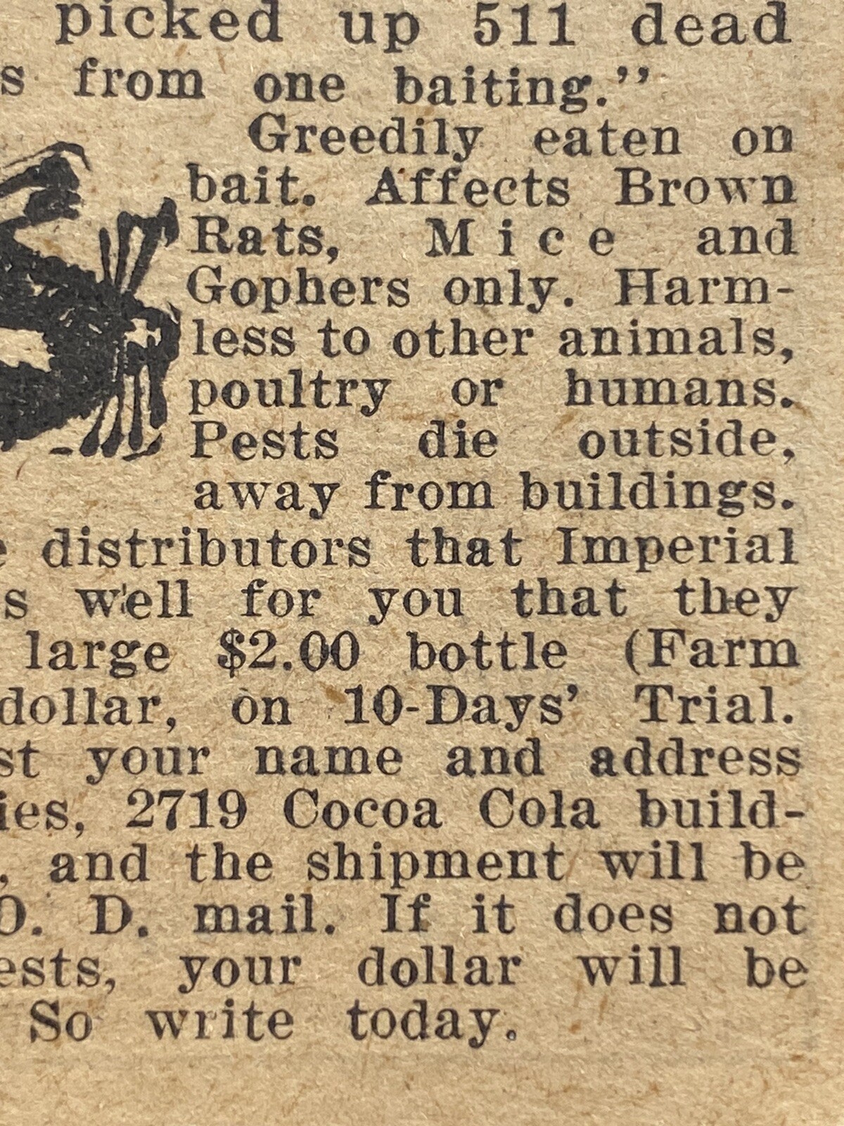 1927 Imperial Rat Killer Vintage Magazine Print Ad Farm Pests Coca-Cola Building