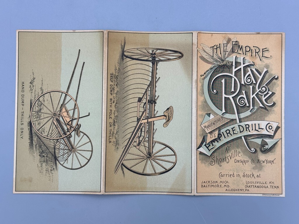 1880s EMPIRE DRILL Hay Rake FARM Advertising Folding Trade Card SHORTSVILLE NY