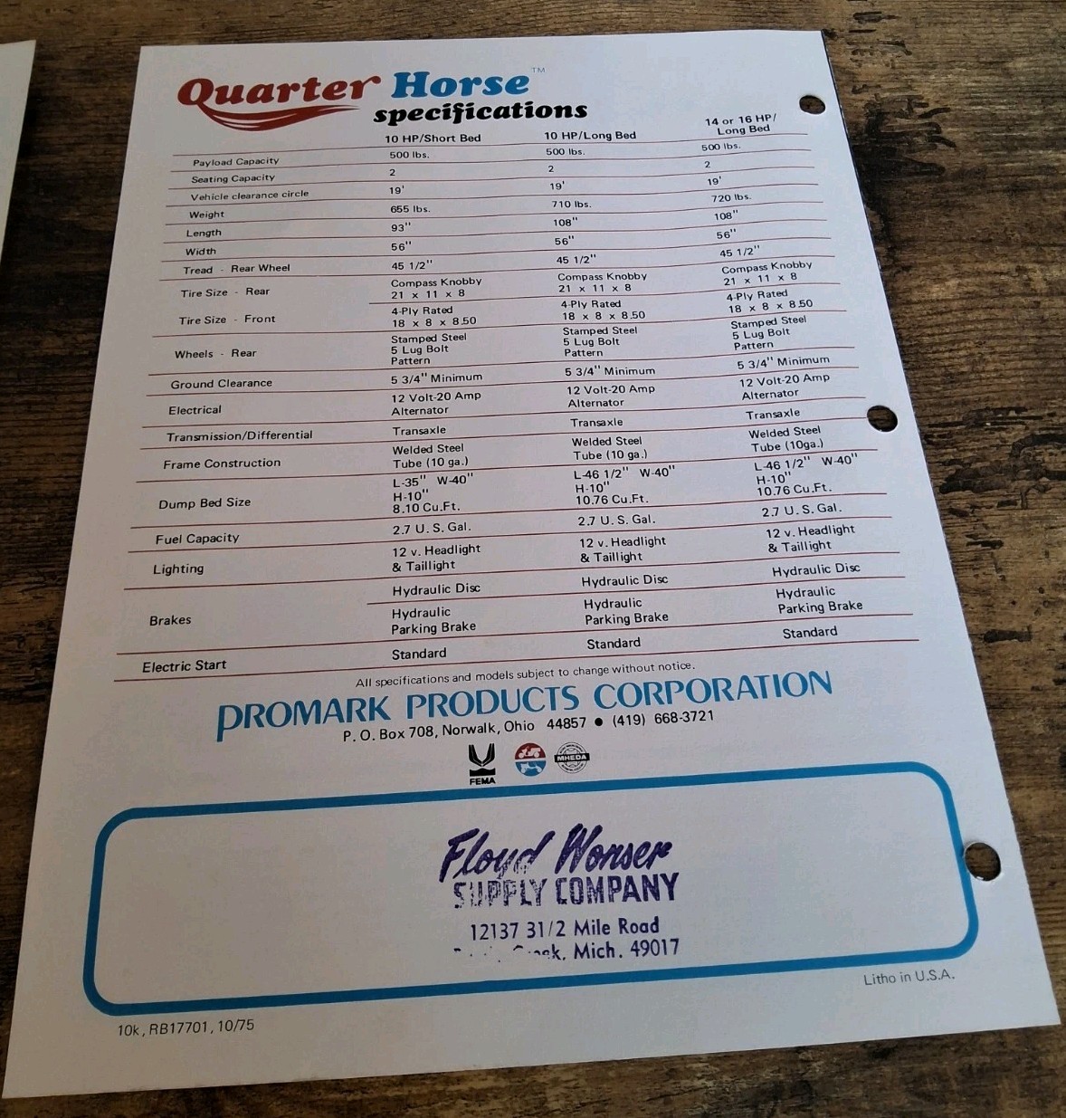 Promark Products Corporation Quarter Horse Utility Truck Brochure And Price List
