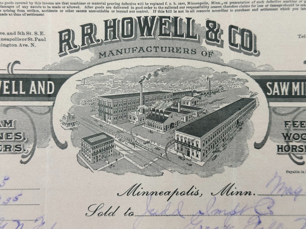 1910 Howell FARM, WELL & SAW MILL MACHINERY Advertising Billhead MINNEAPOLIS