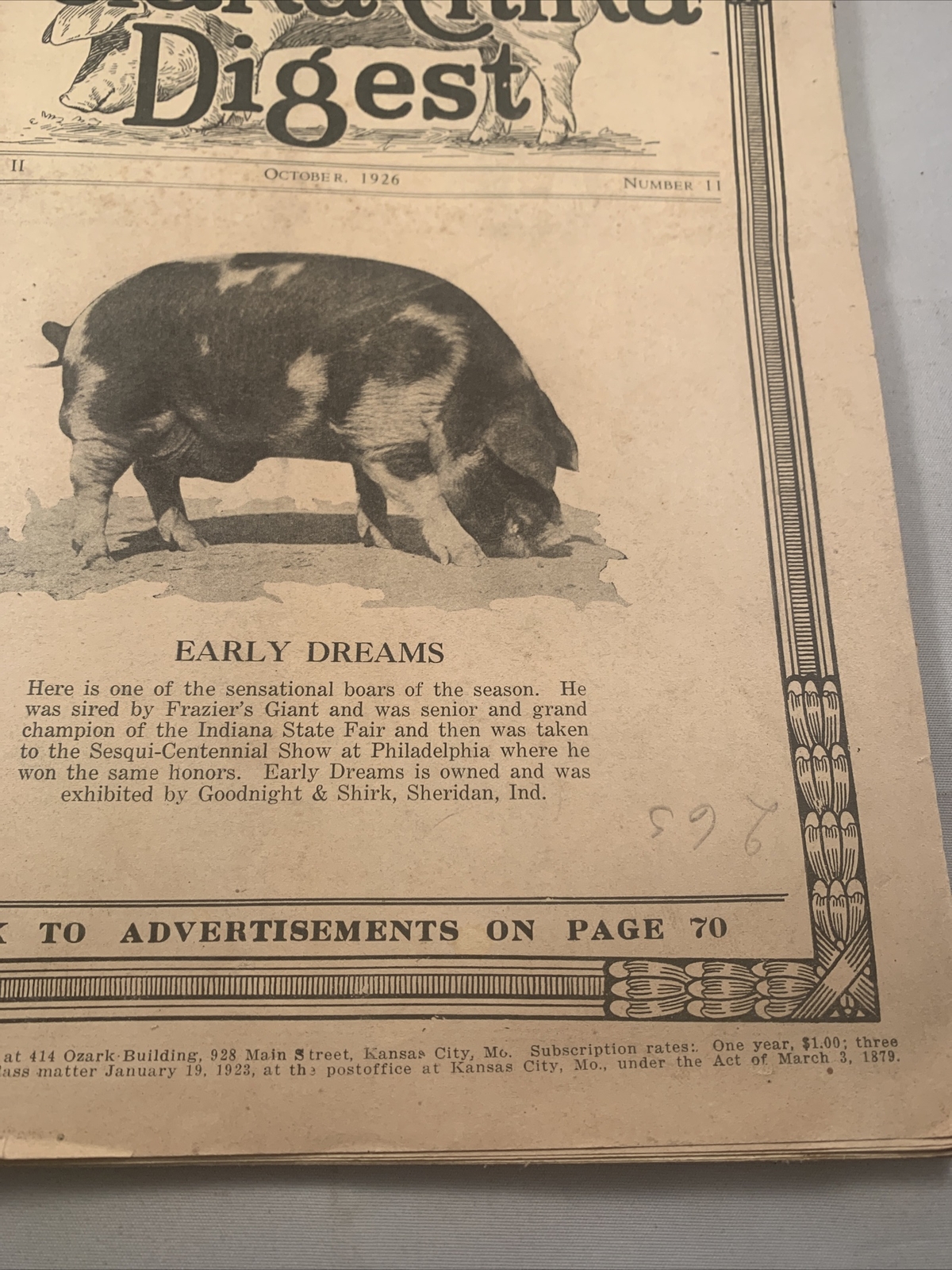 Spotted Poland China Pig Hog Digest October 1926 Missouri Kansas City Catalog