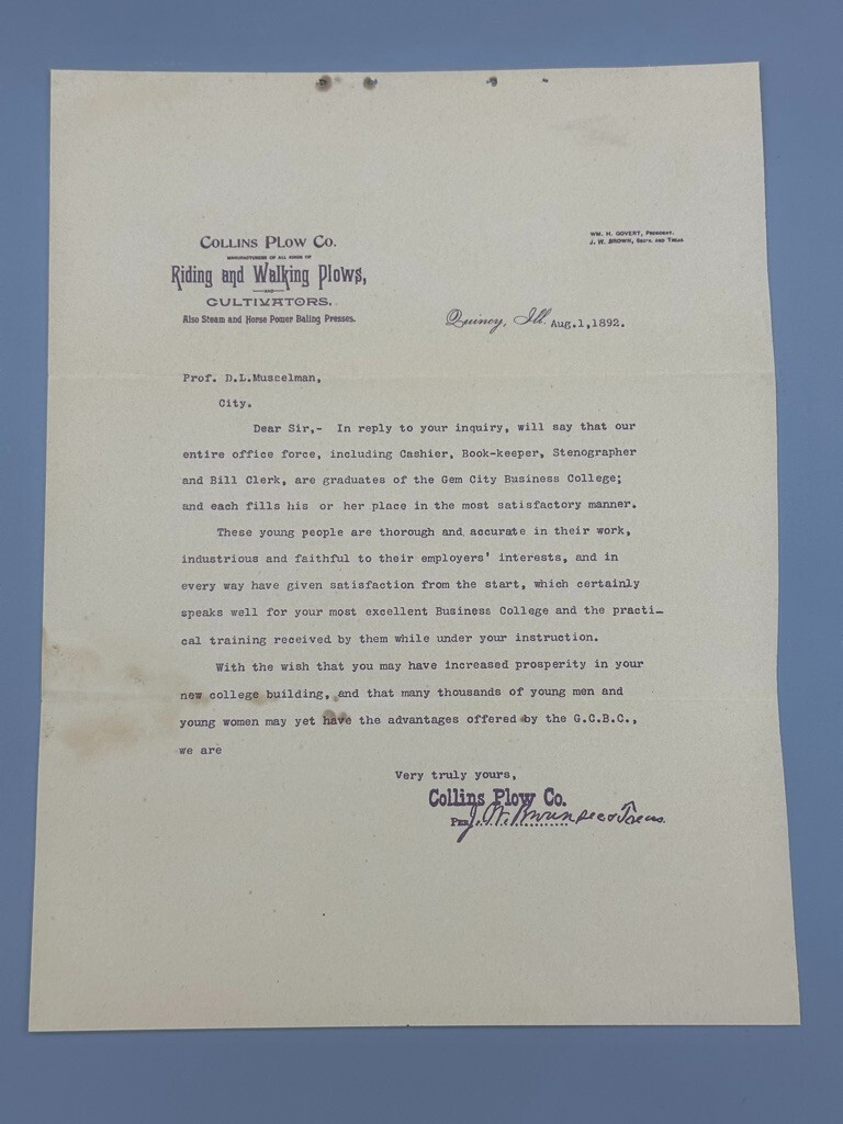 1892 COLLINS PLOW Cultivators Farm Advertising Letterhead Antique QUINCY ILL