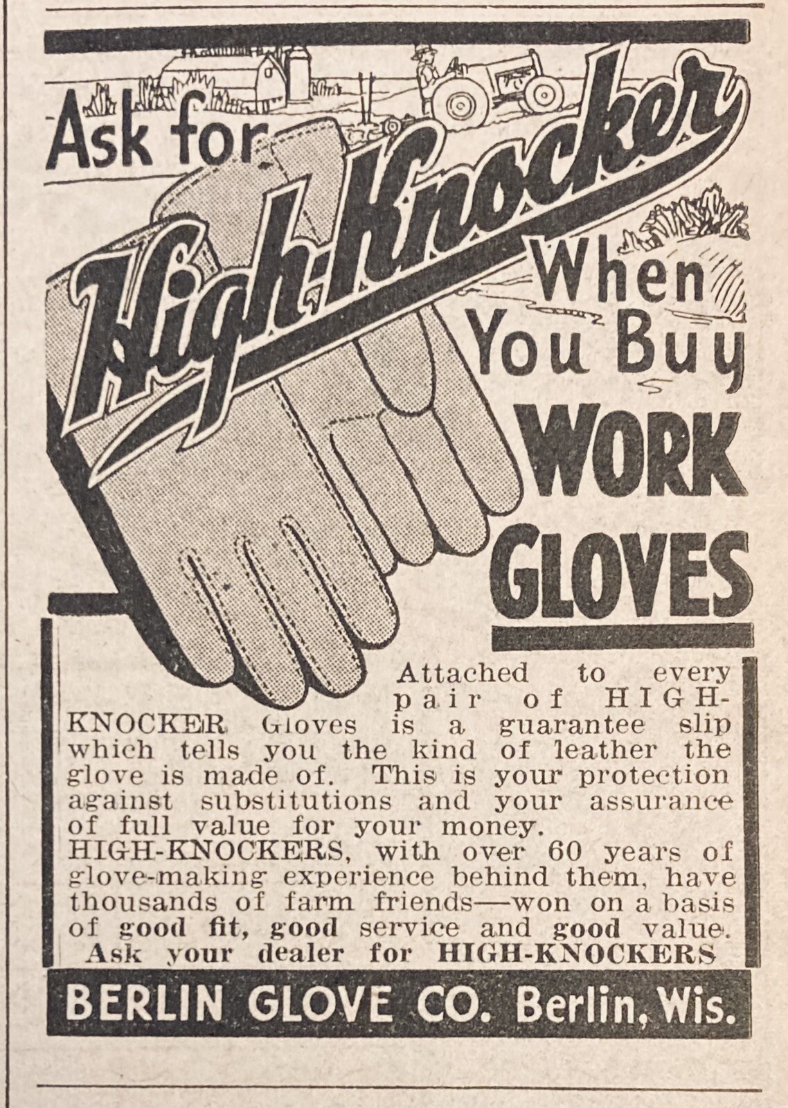 1936 AD.(XH17)~BERLIN GLOVE CO. BERLIN, WIS. HIGH-KNOCKER WORK GLOVES